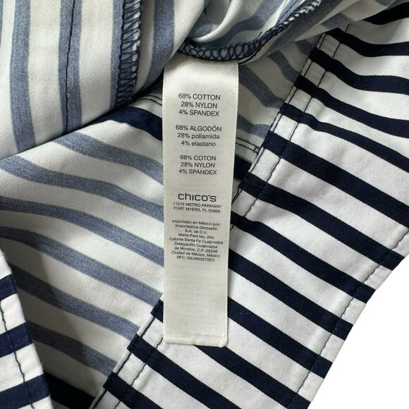 CHICOS Blue White Stripe Sateen Cotton Crochet Jacket Size Small (0) Gold Button - Picture 8 of 11